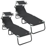 vidaXL Espreguiçadeiras Dobráveis 2 Peças com Toldo Preto Tecido Oxford 600D - 825800776