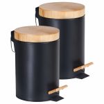 Beliani Conjunto de 2 Caixotes do Lixo em Ferro e Material Sintético Preto e Pedal e Tampa em Madeira Bambu