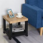 Homcom Mesa de Apoio para Sofá com Prateleira Aberta Rodas Freios 40x40x40 Preto e Natural