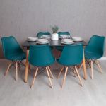 Conjunto Mesa Tower Retangular 120 x 80 cm Preta + 6 Cadeiras Tilsen Verde-azulado