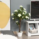 Outsunny Planta Artificial de 90 Rosa Branca Realista com 21 Flores e 350 Folhas Pote de Cimento Incluído para Interior e Exterior