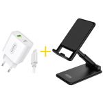 Accetel Pack Office - Carregador Duplo USB + Type-C e Cabo Lightning AC523 + Suporte Telemóvel SP127B para iPhone 12 mini - 8434009682455
