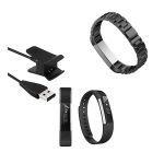 Kit Pulseira Bracelete Aço Stainless Lux + Ferramenta + Carregador Usb Charger + Película Protectora Ecrã Gel Full Cover - Fitbit Charge 3 - Preto