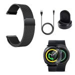 Kit Pulseira Bracelete Milanese Loop Fecho Magnético + Carregador Usb Charger + Película Protectora Ecrã Vidro - Samsung Gear S3 Frontier - Preto