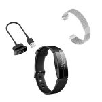 Kit Pulseira Bracelete Milanese Loop Fecho Magnético + Carregador Usb Charger + Película Protectora Ecrã Gel Full Cover - Fitbit Inspire HR - Cinza