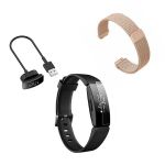Kit Pulseira Bracelete Milanese Loop Fecho Magnético + Carregador Usb Charger + Película Protectora Ecrã Gel Full Cover - Fitbit Inspire HR - Rosa