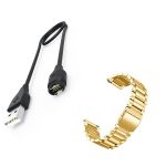 Kit Pulseira Bracelete Aço Stainless Lux + Ferramenta + Carregador Usb Charger - Garmin Forerunner 645 - Ouro