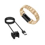 Kit Pulseira Bracelete Aço Stainless Lux + Ferramenta + Carregador Usb Charger - Fitbit Charge 3 - Ouro
