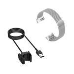 Kit Pulseira Bracelete Milanese Loop Fecho Magnético + Carregador Usb Charger - Fitbit Charge 3 - Cinza