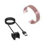 Kit Pulseira Bracelete Milanese Loop Fecho Magnético + Carregador Usb Charger - Fitbit Charge 3 - Rosa