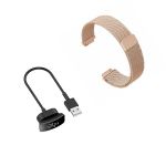 Kit Pulseira Bracelete Milanese Loop Fecho Magnético + Carregador Usb Charger - Fitbit Inspire HR - Rosa