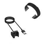 Kit Pulseira Bracelete Milanese Loop Fecho Magnético + Carregador Usb Charger - Fitbit Charge 3 - Preto