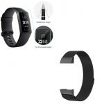 Kit Pulseira Bracelete Milanese Loop Fecho Magnético + Película Protectora Ecrã Gel Full Cover - Fitbit Charge 3 - Preto