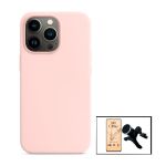 Kit Vidro Temperado CeramicGlass Full Cover + Capa Silicone Líquido + Suporte Magnético de Carro Reforçado para iPhone 13 Pro Pink