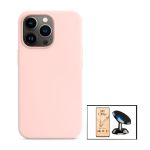 Kit Vidro Temperado CeramicGlass Full Cover + Capa Silicone Líquido + Suporte Magnético de Carro para iPhone 13 Pro Pink