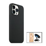 Kit Vidro Temperado CeramicGlass Full Cover + Capa Silicone Líquido + Suporte Magnético de Carro para iPhone 13 Pro