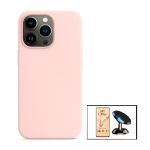 Kit Vidro Temperado Ceramica Full Cover + Capa Silicone Líquido + Suporte Magnético para iPhone 13 Pro Pink - 7427285654699