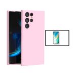 Kit Película de Vidro Temperado 5D Full Cover + Capa Silicone Líquido para Samsung Galaxy S22 Ultra 5G Pink