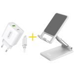 Accetel Pack Office - Carregador Duplo USB + Lightning e Cabo Lightning AC523 + Suporte Telemóvel SP127W para iPhone 11 Pro: 12W, 2.4A; Ajustável e Multiangular - 8434009684343