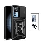 Kit Película de Vidro Temperado 5D Full Cover + Capa Magnetic Military Defender Slide Window Anti-impacto + Suporte Magnético de Carro Reforçado para Xiaomi 12T Pro - Black