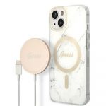 Guess Original Set Gubpp14Mhmeacsh para iphone 14 Plus (bundle Pack Magsafe: Case + Carregador / Img Marble / Gold White)