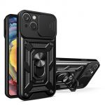 Hybrid Armor Camshield Case With Stand And Camera Cover para iphone 15 Plus Black