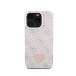Guess Capa Original para iPhone 16 Pro Max Hardcase Couro 4G Triangulo Strass Pink