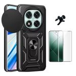 Kit Vidro Curved + Capa Magnetic Slide Window + Suporte Magnético Reforced para Xiaomi Redmi Note 14 Pro 5G Black