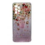 Capa Silicone com Desenho Bling Glitter Samsung Galaxy A72 Rosa Flowers com Kickstand
