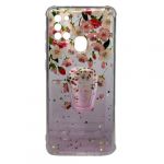 Capa Silicone com Desenho Bling Glitter Samsung Galaxy A21s Rosa Flowers com Kickstand
