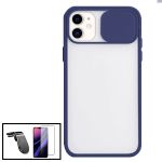 Kit Capa Slide Window Anti Choque Frosted + Película 5D Full Cover + Suporte Magnético L Safe Driving Carro para iphone Xr - Azul Escuro