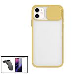 Kit Capa Slide Window Anti Choque Frosted + Película 5D Full Cover + Suporte Magnético L Safe Driving Carro para iphone 12 Mini - Amarelo