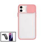 Kit Capa Slide Window Anti Choque Frosted + Película 5D Full Cover + Suporte Magnético L Safe Driving Carro para iphone Xr - Rosa