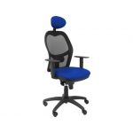 PYC Cadeira Jorquera de Malha Preta Semelhante Assento Azul c/ Apoio de Cabeça Fixo