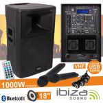 Ibiza Coluna Amplificada 18" 1000w Usb/bt/sd/bat Vhf Preta