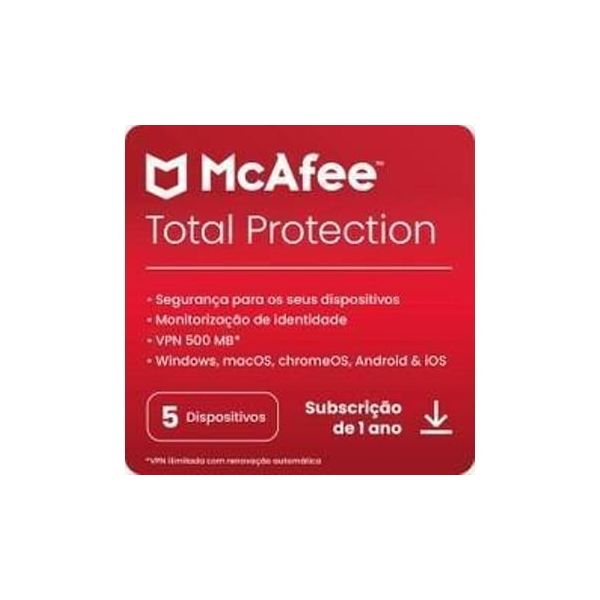 Mcafee Software Total Protection (5 Dispositivos 1 ano PC, Mac, Smartphone  e Tablet Formato Digital)