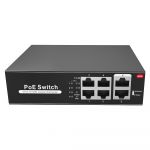 Switch PoE 4 portas PoE + 2 Uplink RJ45 Velocidade até 100 Mbps em todas as portas Até 60W no total para todas as portas Largura de banda 1.2 Gbps Padrão IEEE802.3af (PoE) / at (PoE+) SW0604POE-65-E