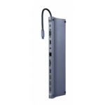 Gembird Adaptador USB-C 11-in-1 (Hub USB + HDMI + VGA + PD + Leitor de Cartões + LAN + 3.5mm audio) Cinzento Sideral