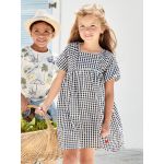 Vertbaudet Vestido aos Quadrados Vichy Mangas Balão Menina Quadrados Marinho, 12A