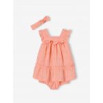 Vertbaudet Conjunto em Bordado Inglês c/ Vestido, Calções Bloomer e Fita Coral, 9M 71Cm