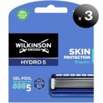 Wilkinson Pack de 3 Unidades. Sword Hydro 5 Skin Protection Regular, Cargador de 8 Lâminas de Barbear de 5 Lâminas para Hombres