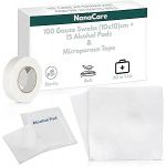 Nanacare Almofadas de Gaze Estéreis Premium (10x10cm) X100 com 15 Toalhitas Húmidas com Álcool e 1 Rolo de Fita Micropore