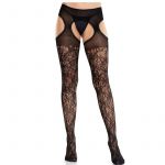 Leg Avenue Meias de Renda Floral com Ligas United Black Tamanho Único
