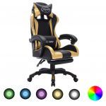 Cadeira Gaming Cadeira Gaming Reclinável com Apoio de Pés Retrátil, Altura Ajustável e Luzes LED - Dourado e Preto - Design Moderno