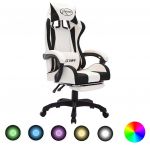 Cadeira Gaming Cadeira Gaming Reclinável com Apoio de Pés Retrátil, Altura Ajustável e Luzes LED - Preto e Branco - Design Moderno